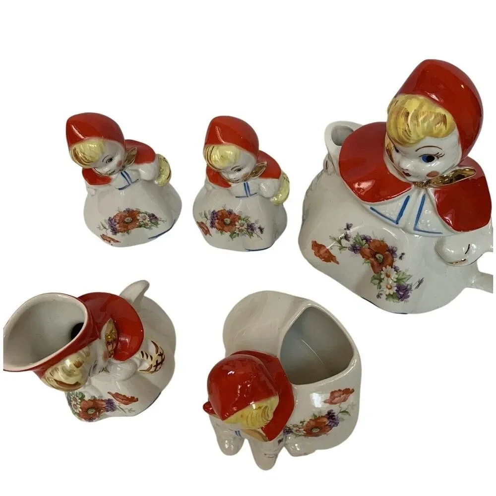 MCM Hull Little Red Riding Hood Tea Pot Set Red & White Ceramic 6 Pieces